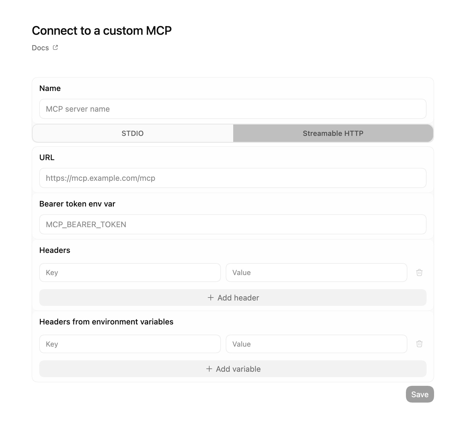 Codex Desktop Streamable HTTP configuration